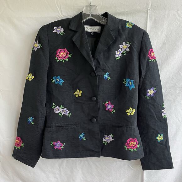 Travis Ayers black Silk/Linen blazer jacket colorful floral embroidered, Size 4 - Picture 1 of 8